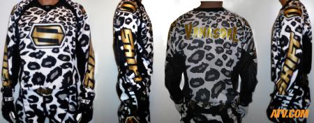 Shift Faction leopard gear with Santor Design Co. name graphic on the back.