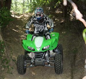 Engine braking will help slow the big sport quad down on descents, but the throttle must be engaged.