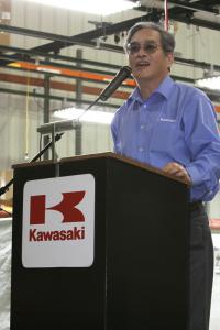 Kawasaki’s North American president, Asano Matsuhiro, addresses over 1200 employees and congratulates them on the milestone.